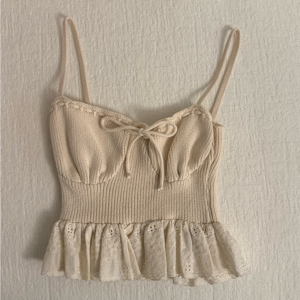 Zara Cream Knit Lace Trim Tank Top